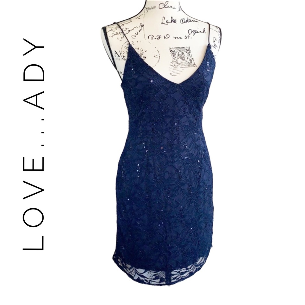LOVE…ADY Navy Sequin Cocktail Mini Dress Spaghetti Strap NEW Size M